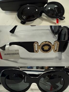 Versace Black Oval Sunglasses with Gold Crystal Medusa Accent